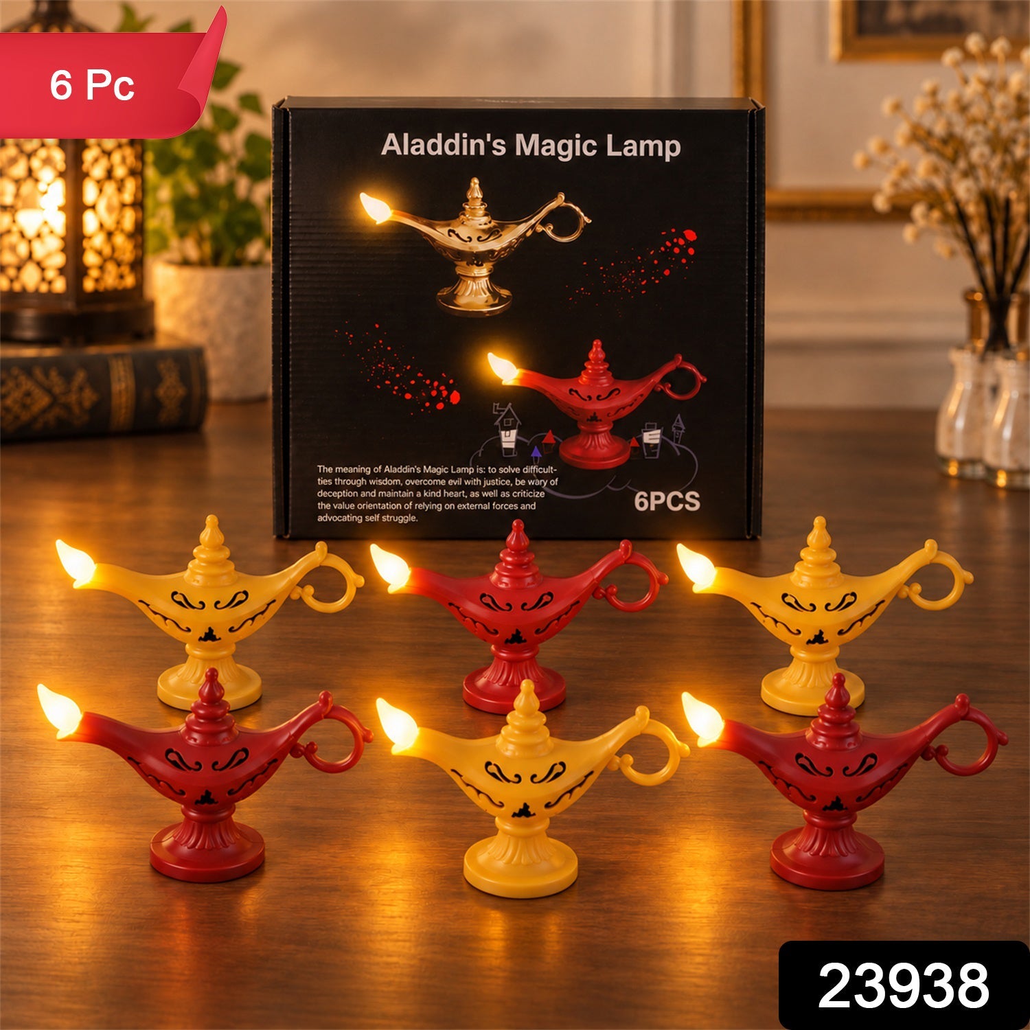 Six decorative LED lamps, three red and three yellow, with a black box in the background. The box has '6 Pc' and '23938'