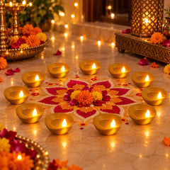 Twelve lit golden diyas surround a colorful floral rangoli design on a light-colored floor.