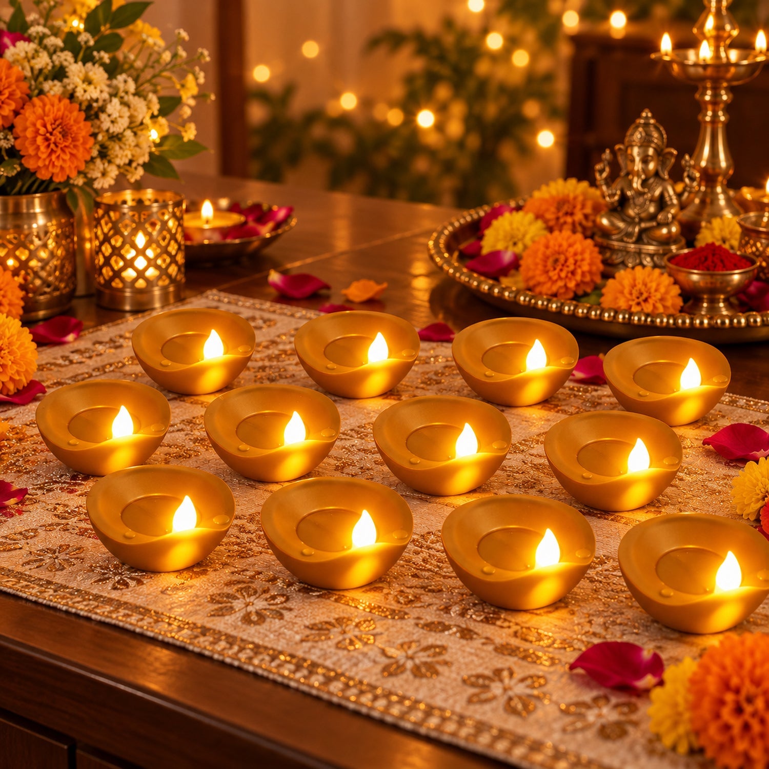 Twelve glowing gold diyas are arranged on a white table runner with a floral centerpiece and decorations.
