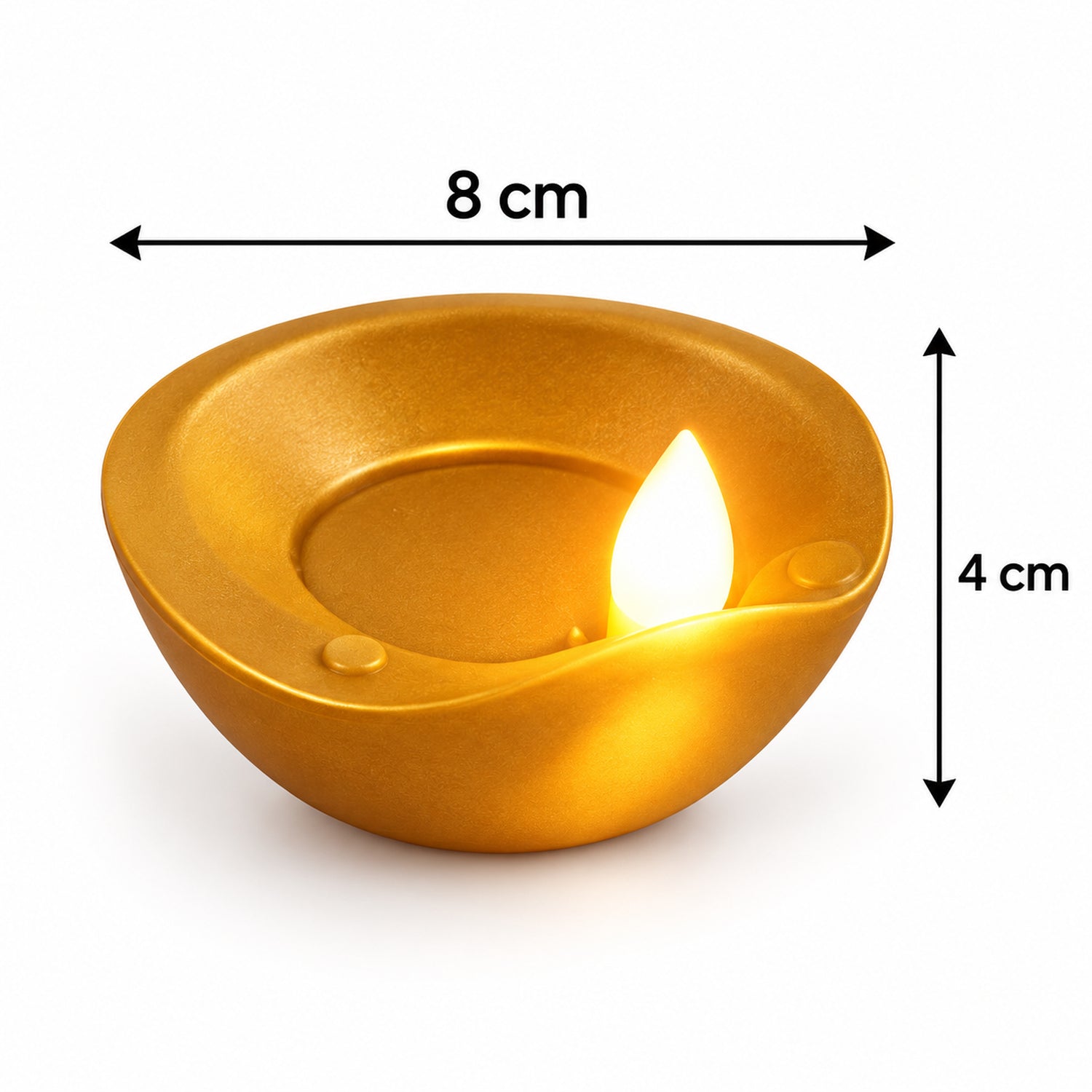 A single golden diya with a white plastic wick shows dimensions of 8 cm width and 4 cm height.