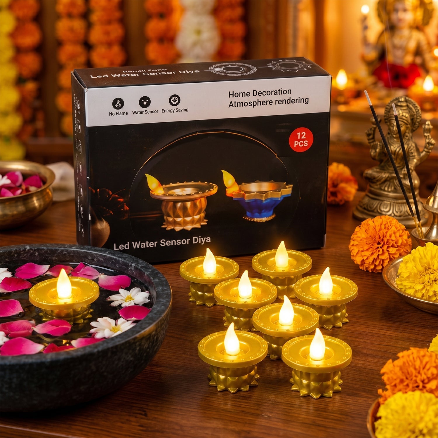 Twelve gold plastic LED diyas, one floating in water with petals, and the product box on a wooden table.
