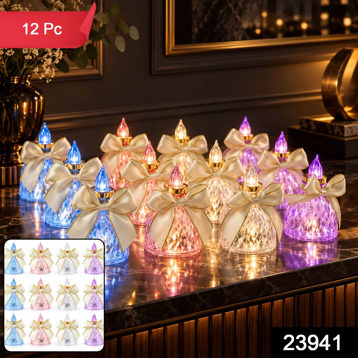 A dozen glowing faceted LED candles with cream bows and gold trim are arranged on a dark marble surface.