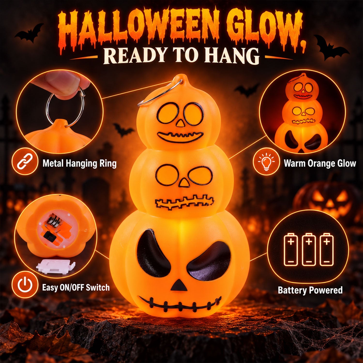 A single glowing orange stacked pumpkin lantern with detailed insets showing its metal hanging ring, warm orange glow, and