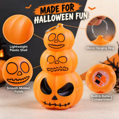 A single orange stacked pumpkin lantern with insets highlighting its lightweight plastic shell, smooth molded finish, metal