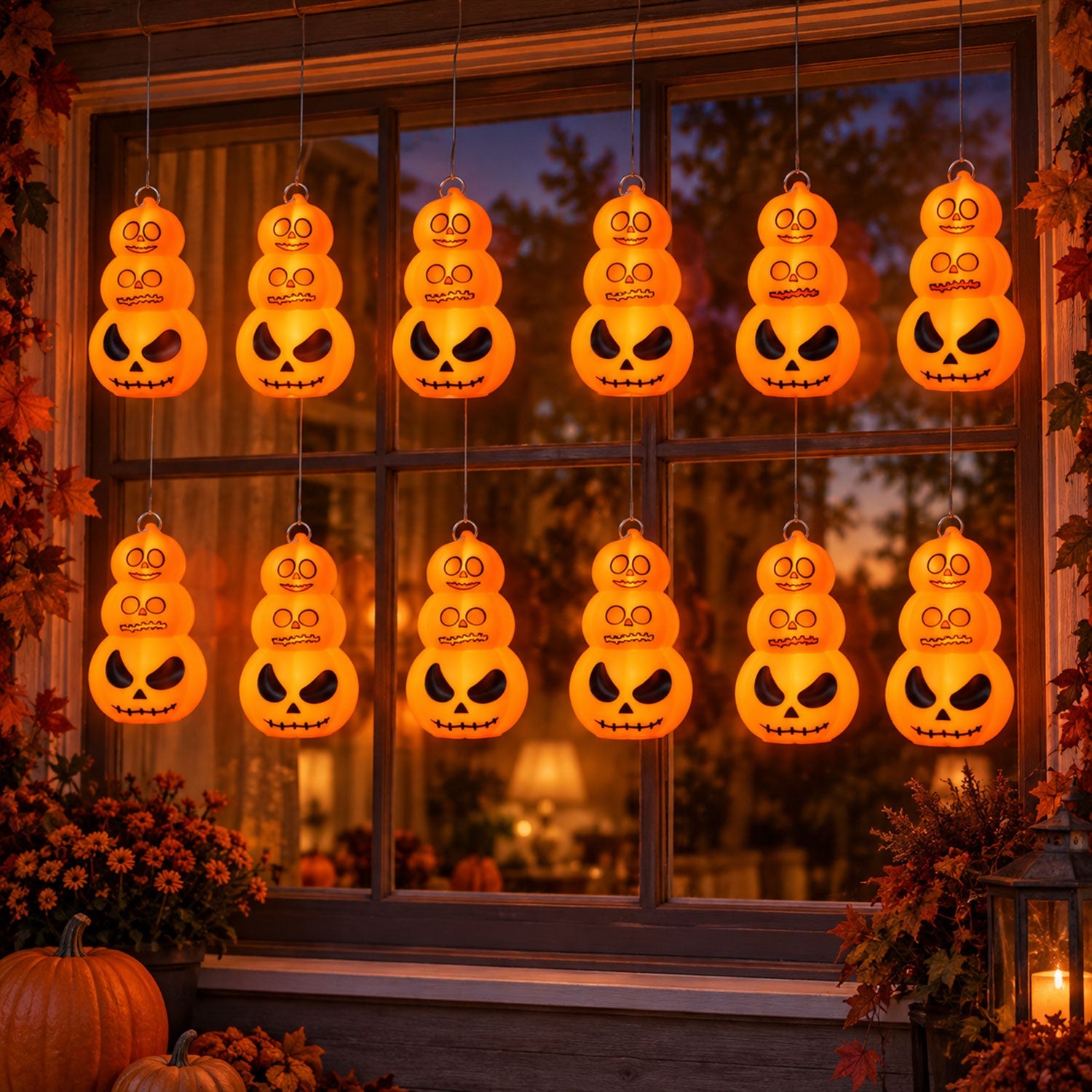 Twelve glowing orange stacked pumpkin lanterns hang in two rows across a window, framed by autumn leaves.