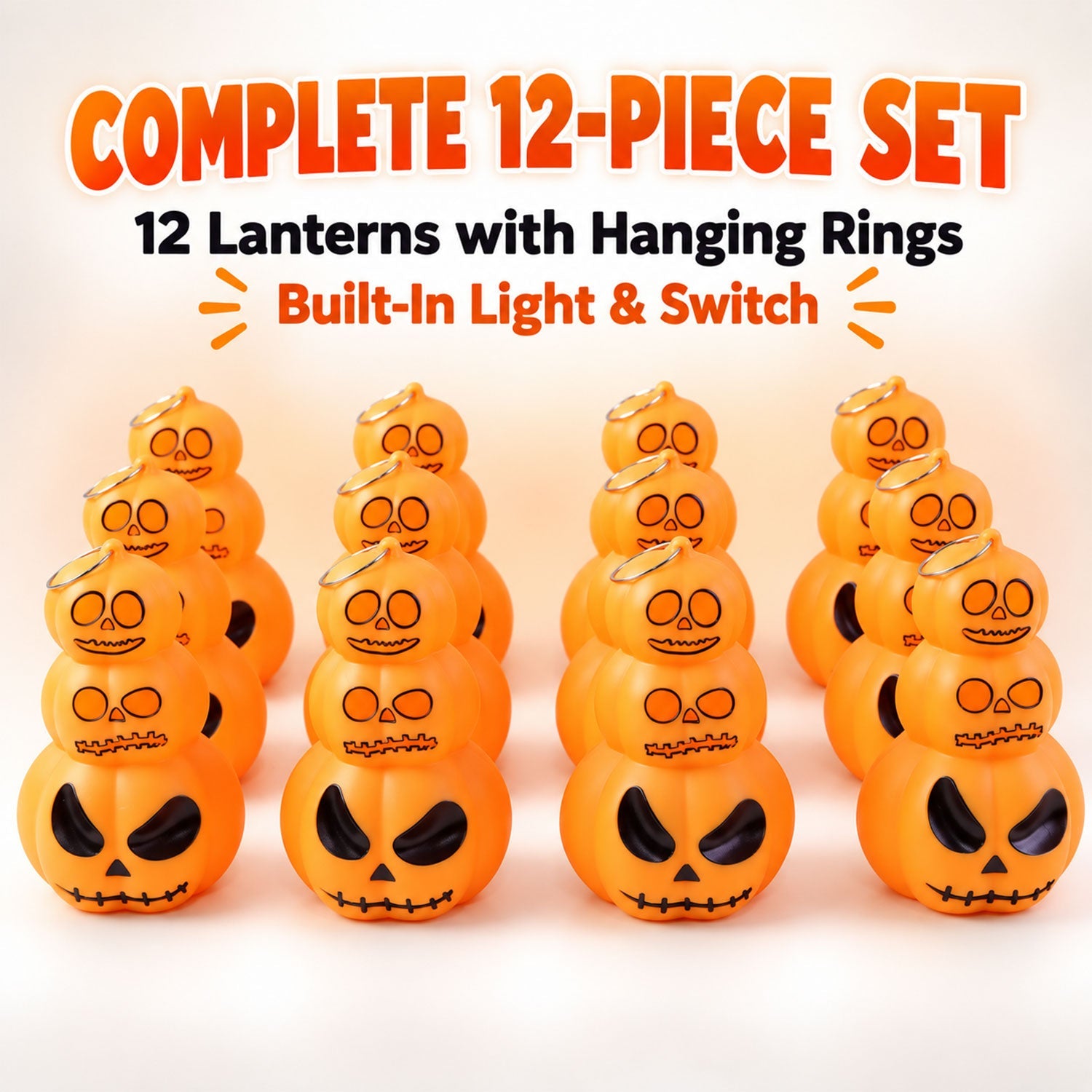 Twelve glowing orange stacked pumpkin lanterns are arranged in three rows, with text indicating 'Complete 12-Piece Set' and