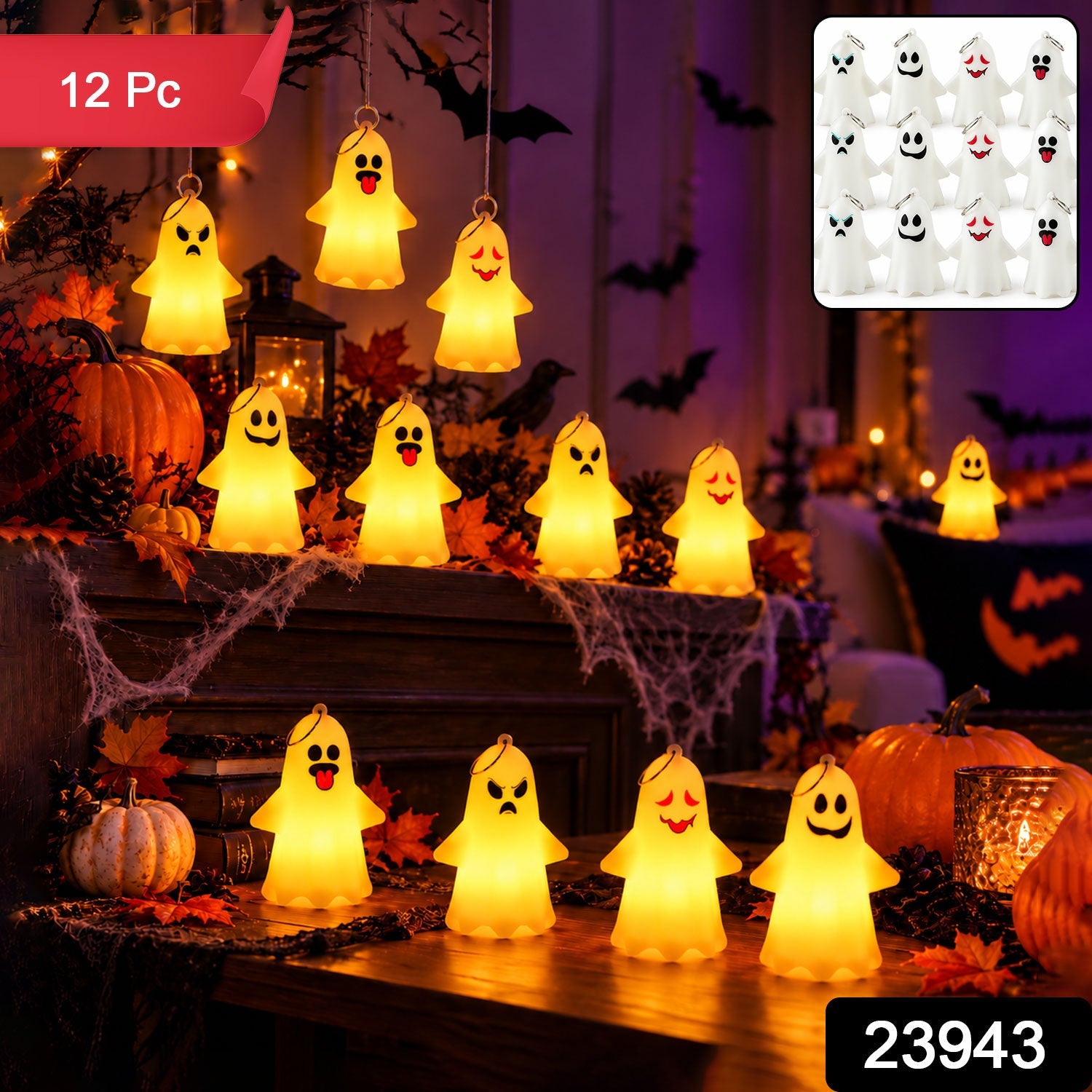 A dozen glowing ghost lights with various expressions are arranged on a dark wooden surface with Halloween decorations.