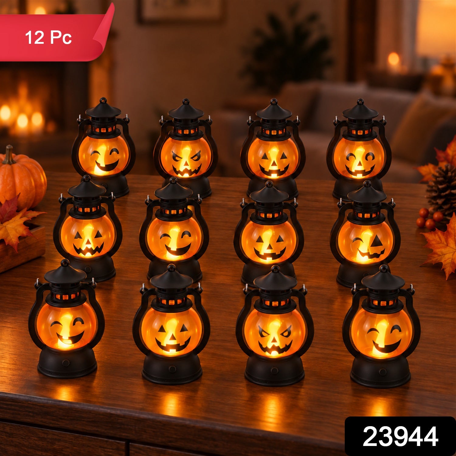 A dozen glowing pumpkin lanterns with varied expressions are arranged on a dark wooden surface, with a 12 Pc label.