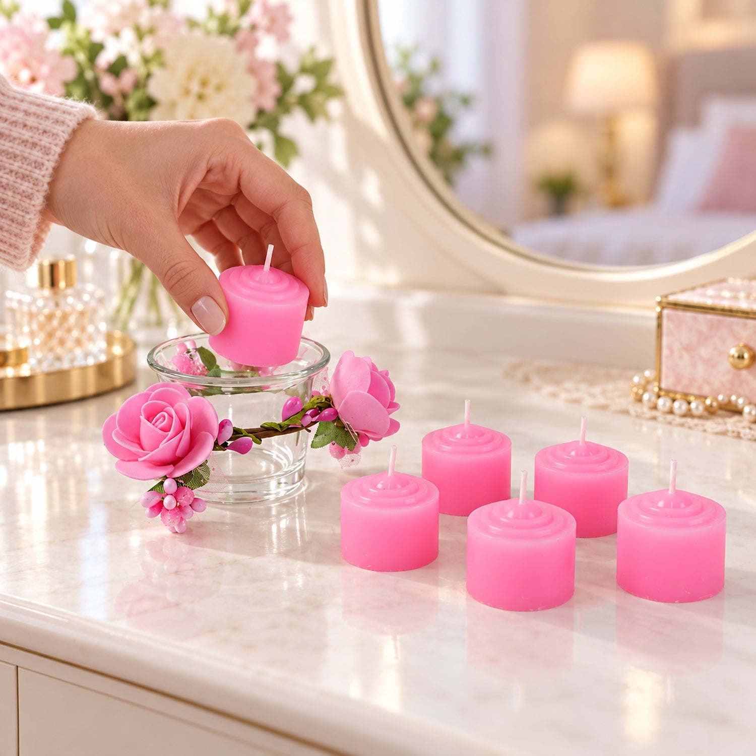 Pink Candle Gift Set with Floral Holder