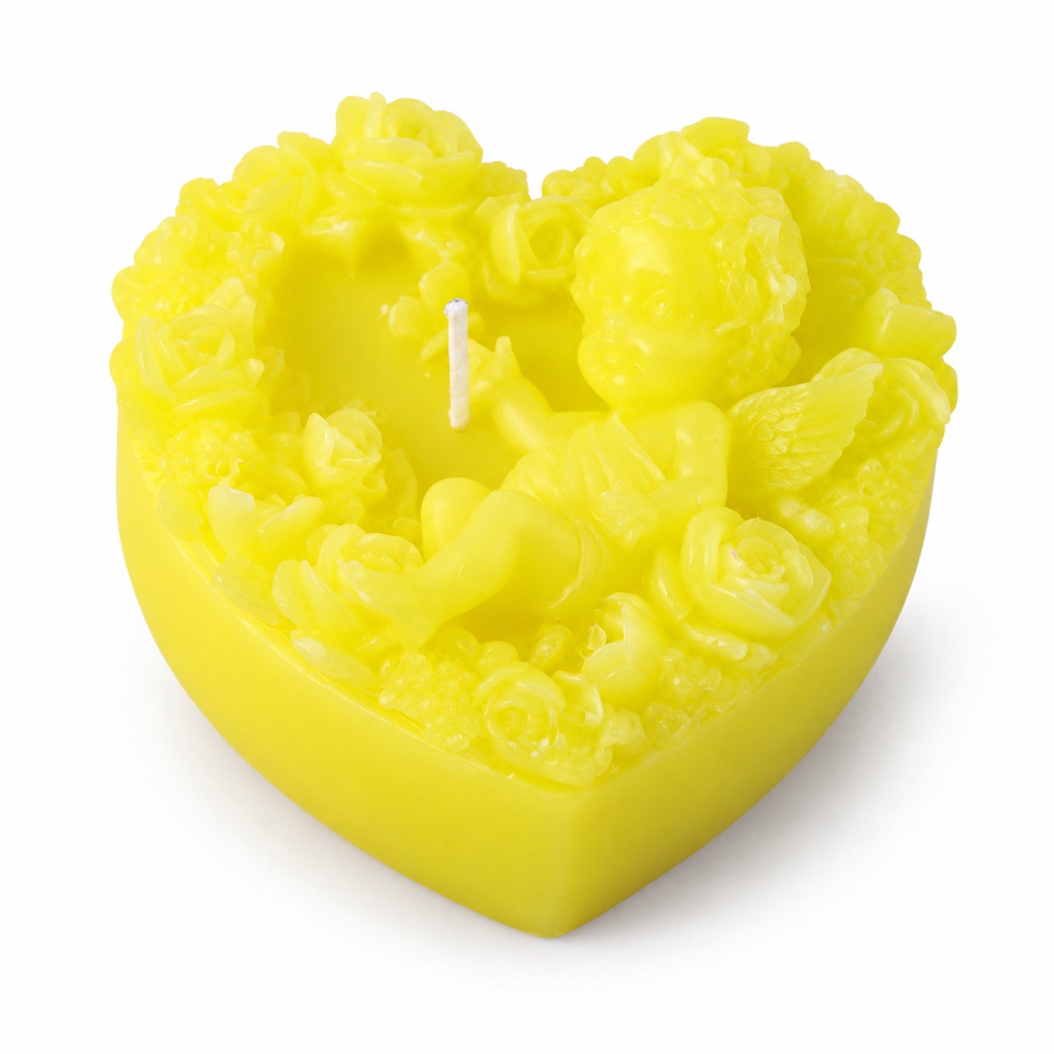 A bright yellow heart-shaped candle featuring a cherub figure surrounded by delicate rose details.