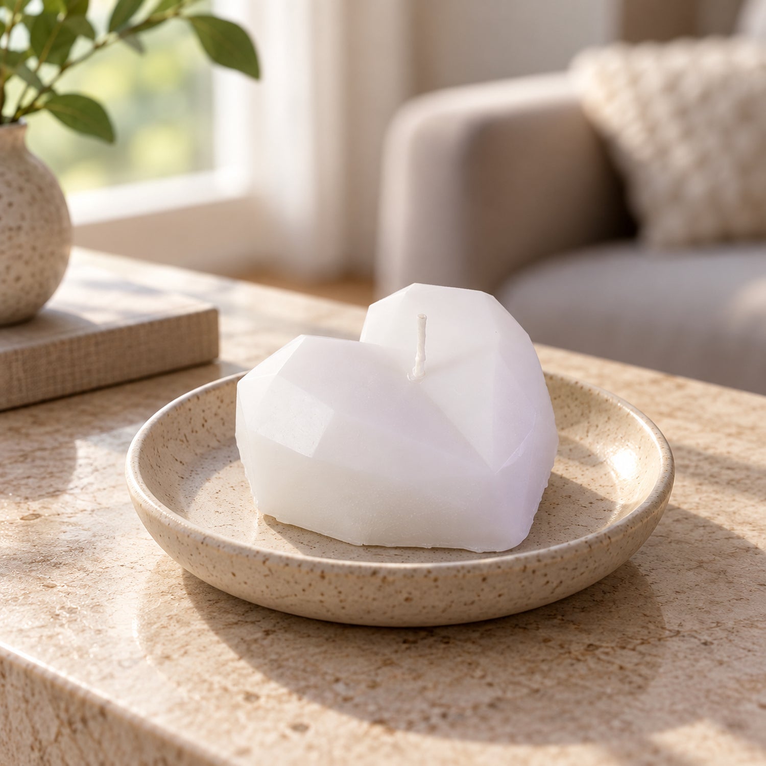 White Faceted Heart Shape Wax Candle