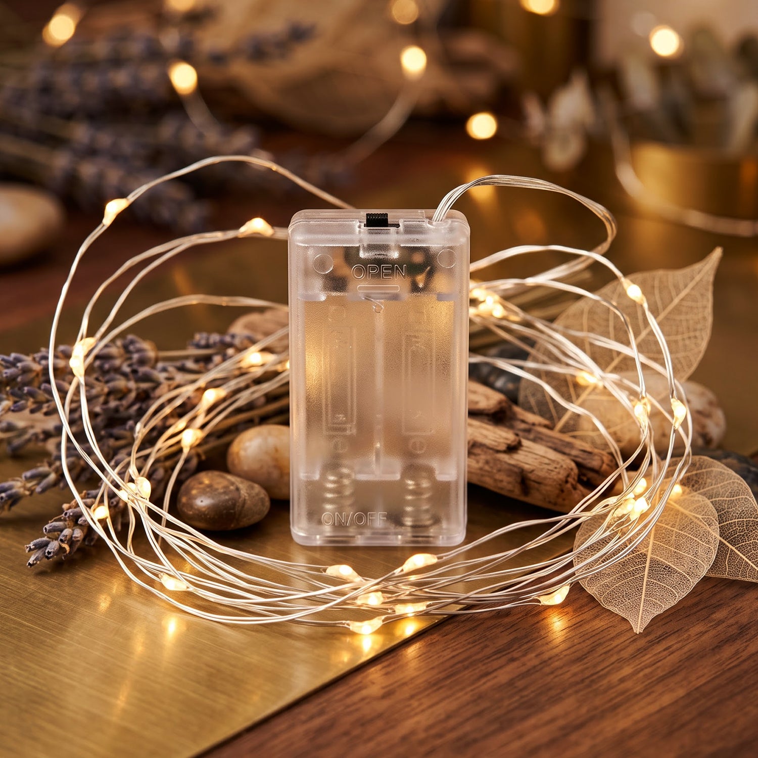 Warm white LED string lights coiled around a clear battery box, surrounded by dried lavender and decorative rocks.