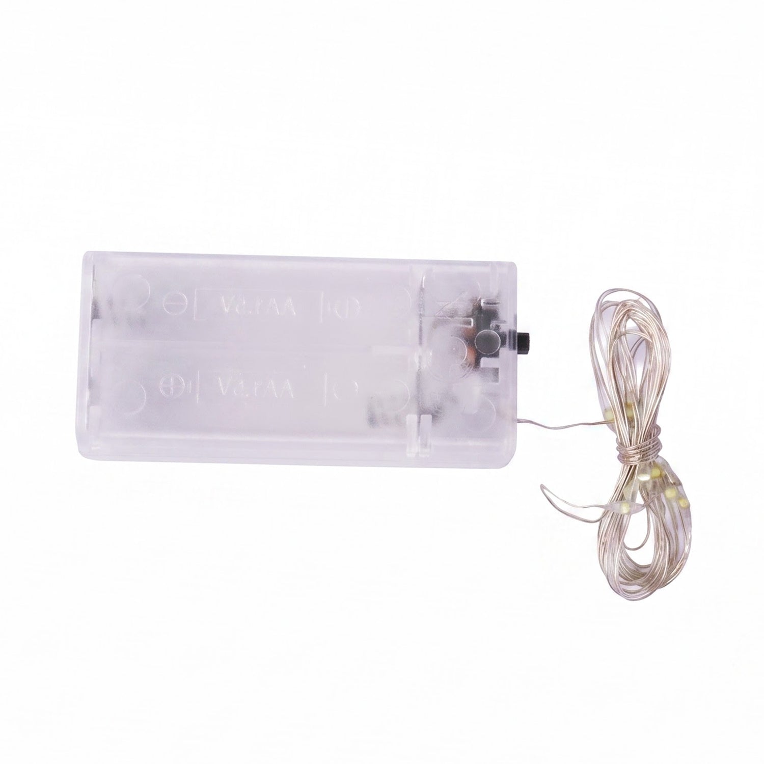 A clear plastic battery box with a coiled string of warm white LED lights on a plain white surface.