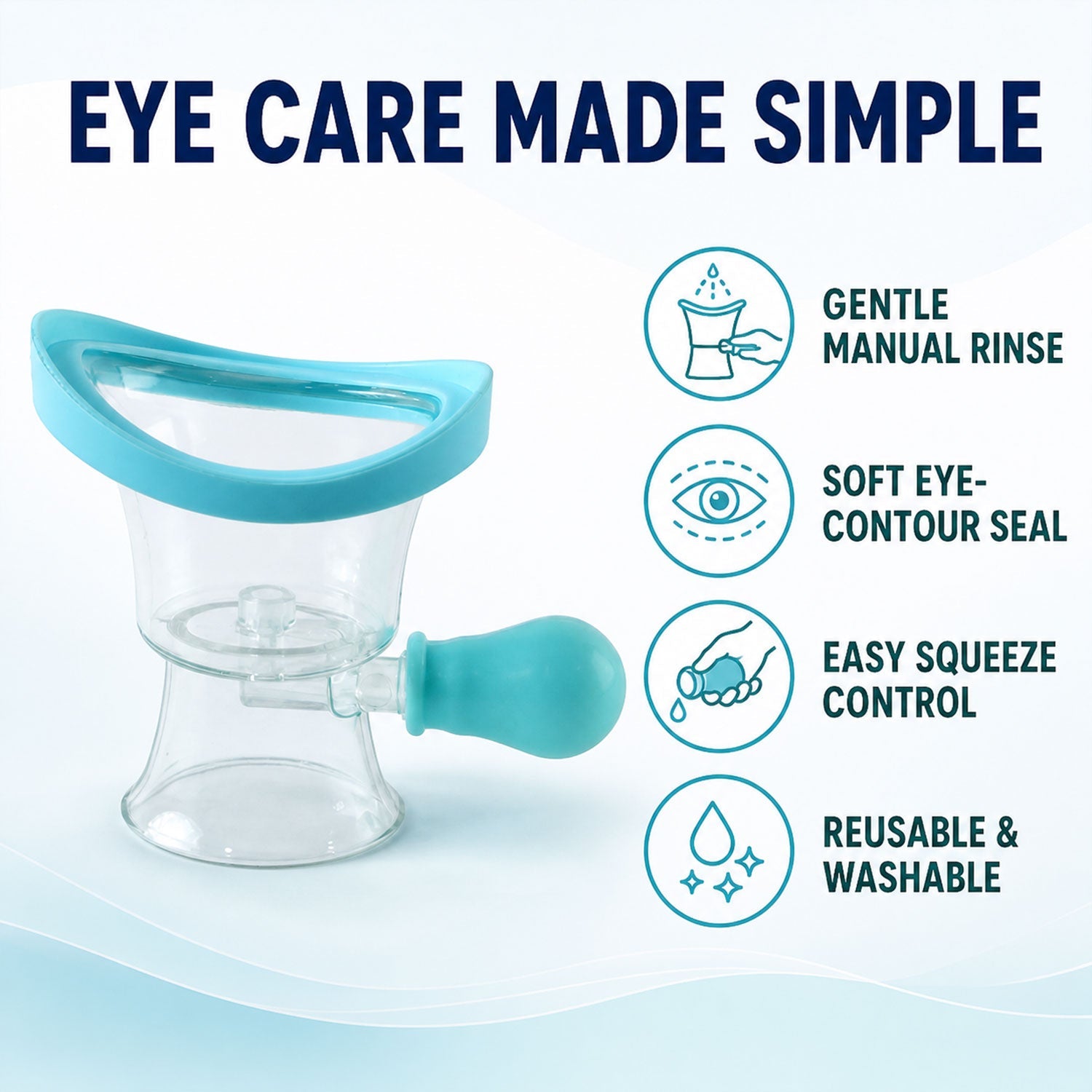 Reusable manual eye rinse cup features