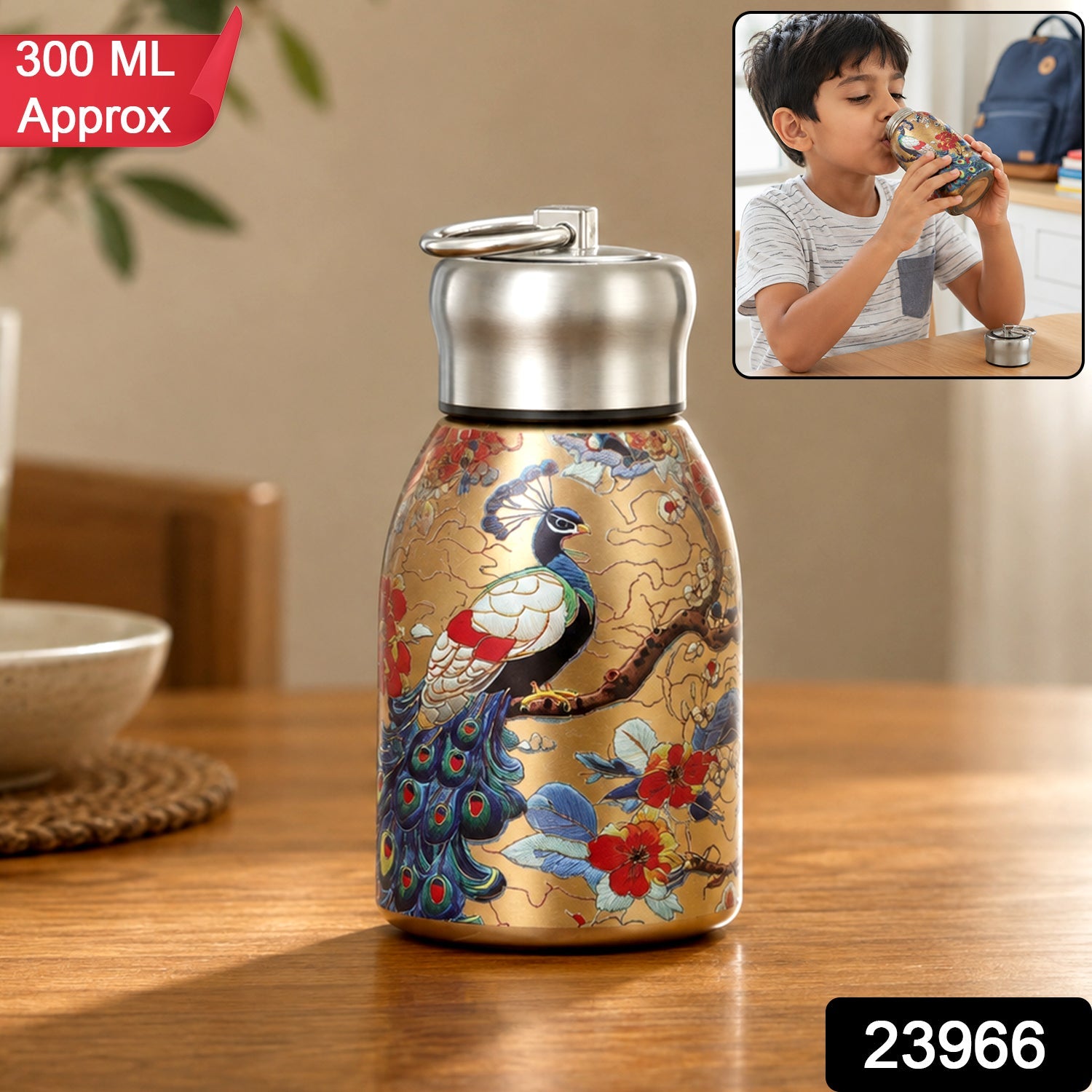 Stainless steel vacuum water bottle with peacock print, 1 piece