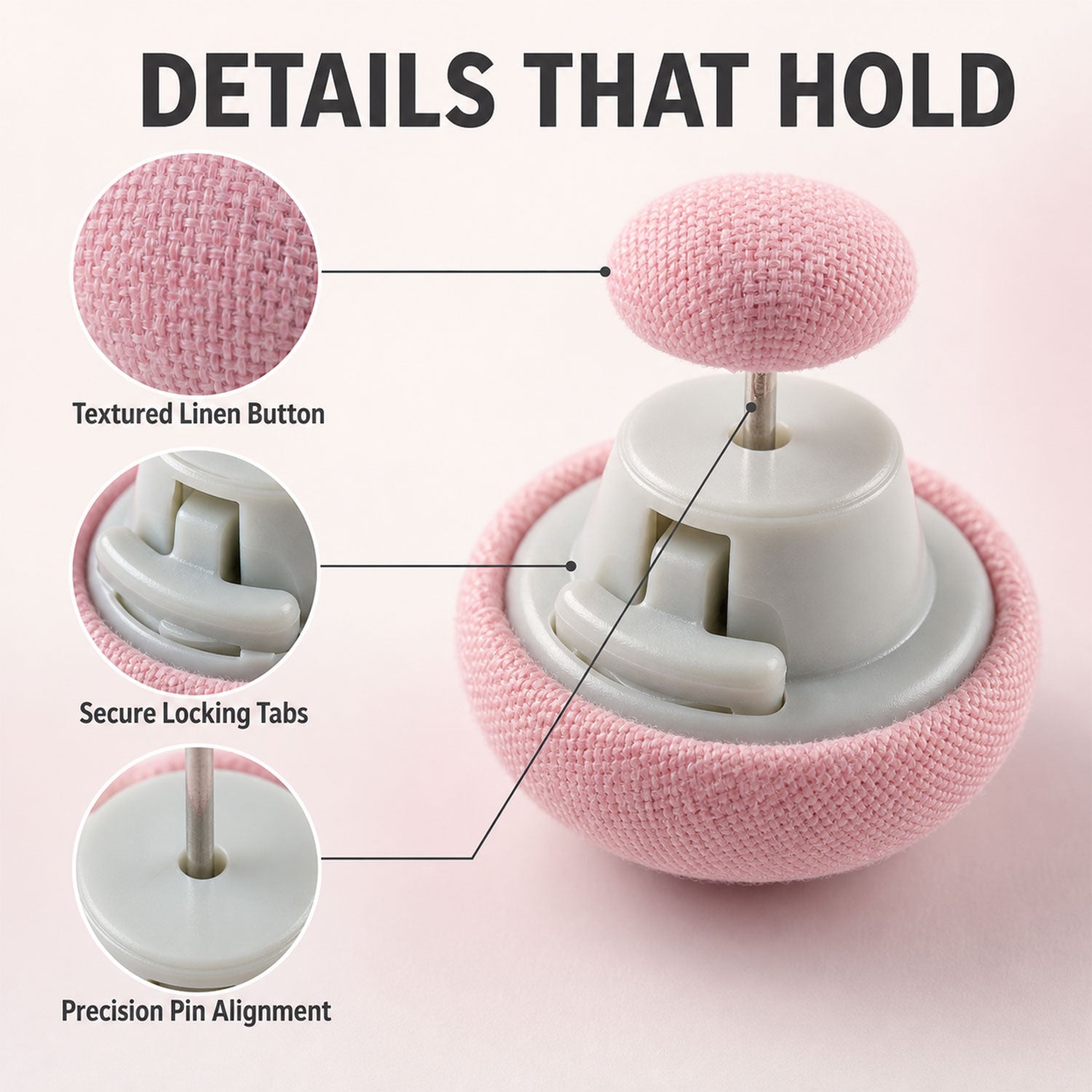 Close-up details of duvet button locking tabs and alignment pin