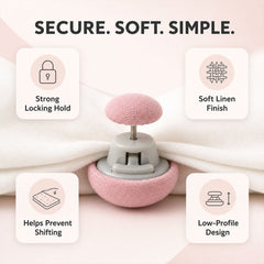 Soft duvet button with secure locking hold and low profile design