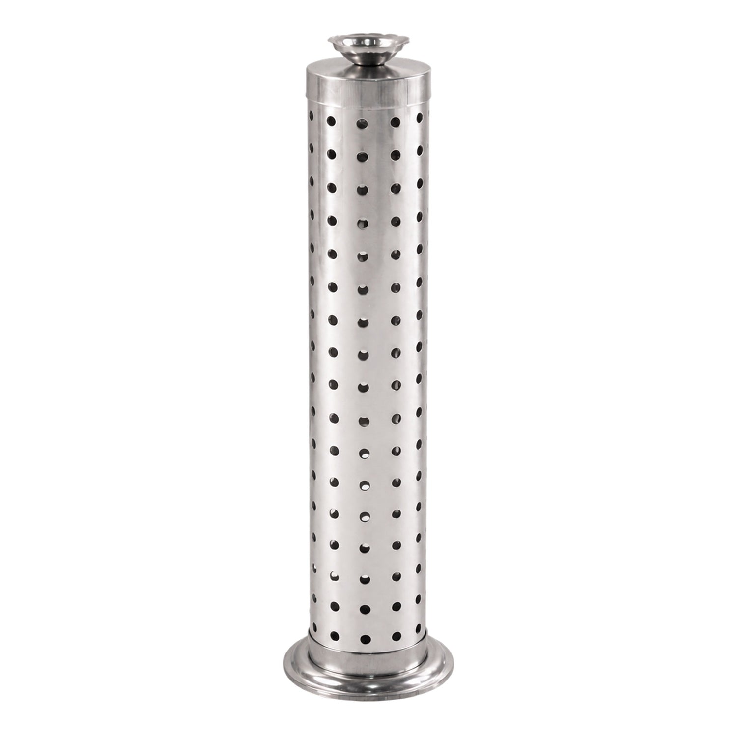 A sleek, silver-toned metal incense stick holder with a perforated cylindrical body and a small top bowl is presented on a