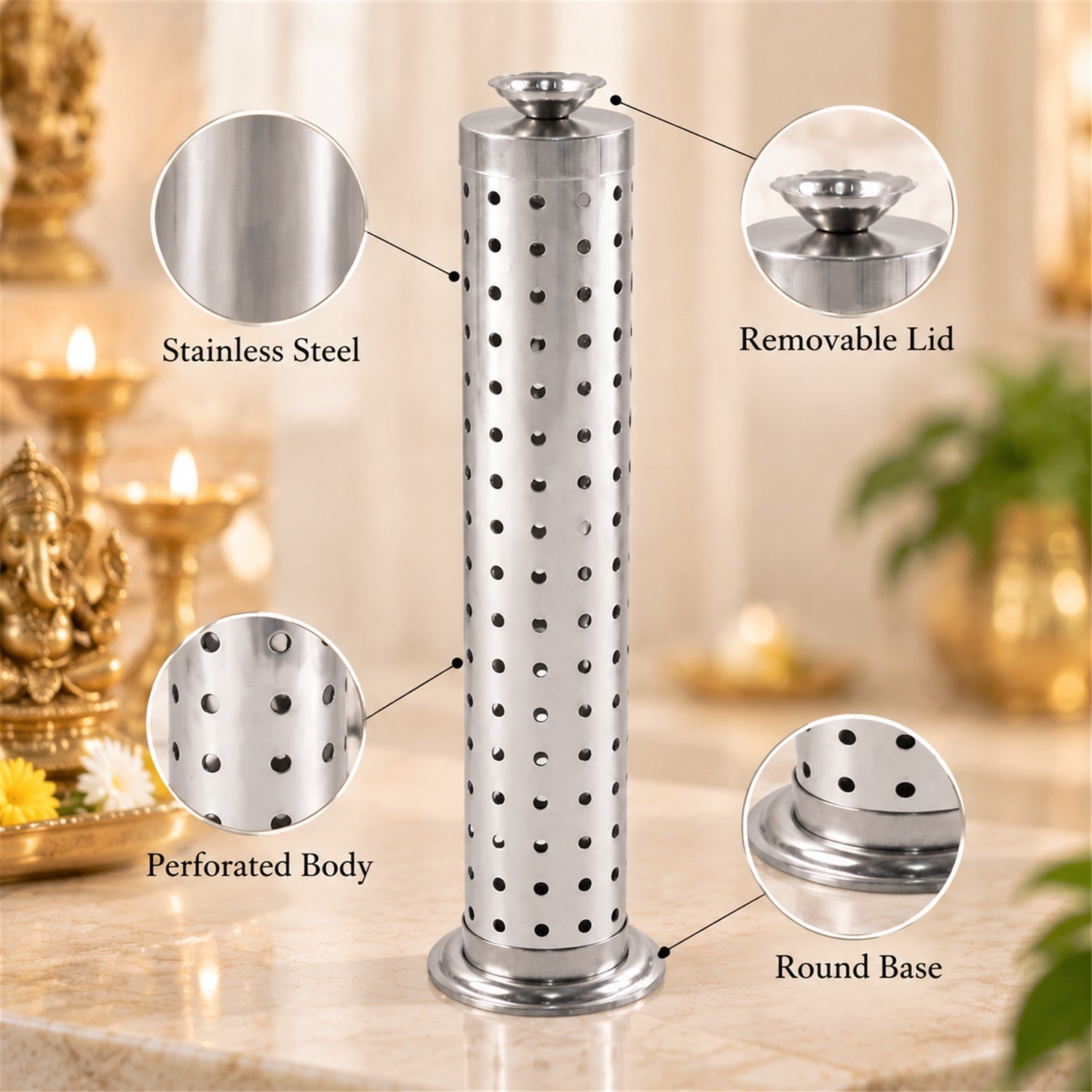 A detailed view of the silver incense holder highlights its stainless steel construction, perforated body, removable lid,