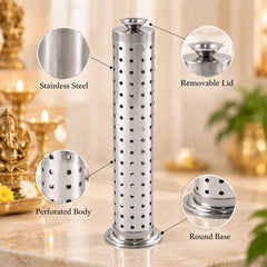 A detailed view of the silver incense holder highlights its stainless steel construction, perforated body, removable lid,