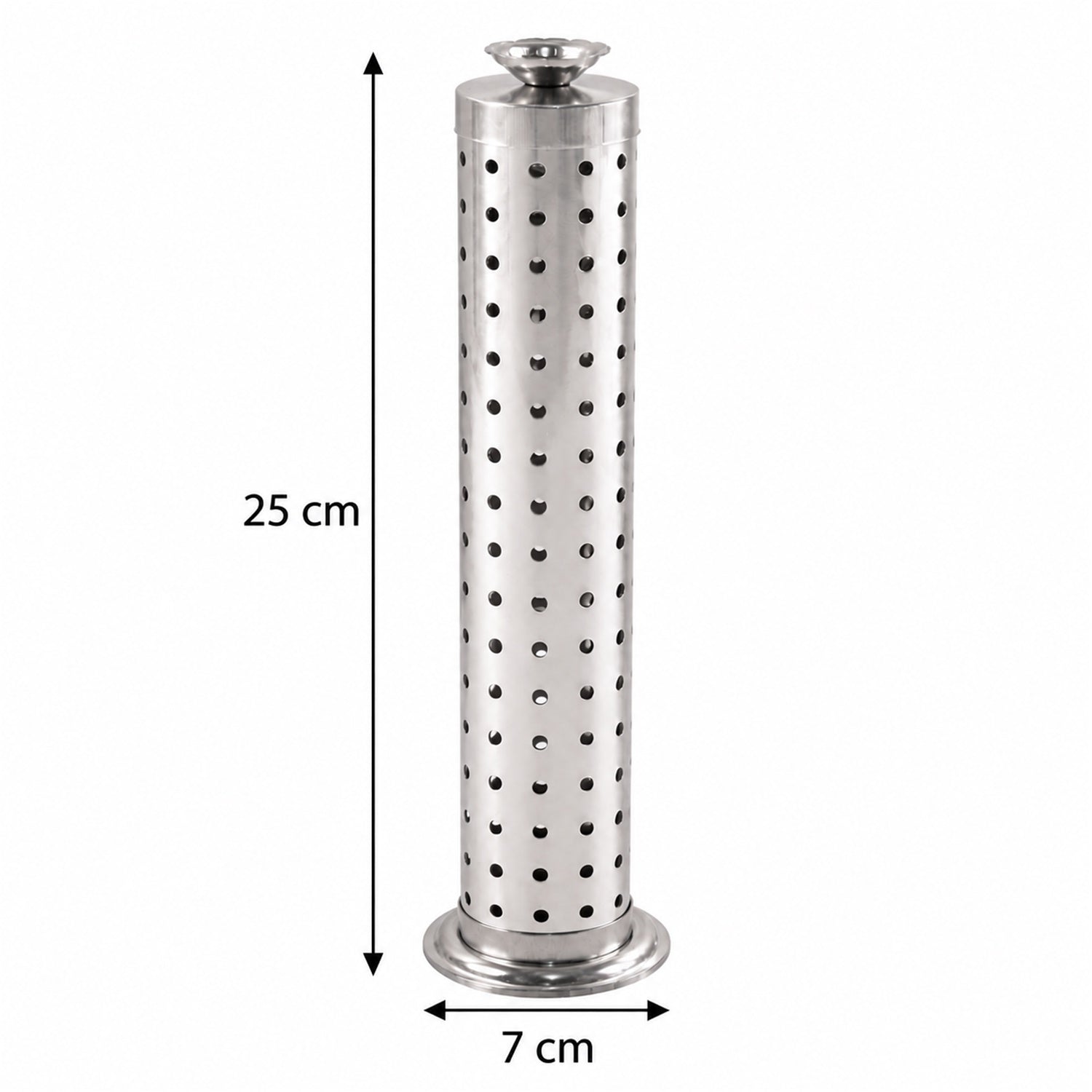 The silver perforated incense holder is shown with dimensions: 25 cm in height and 7 cm in diameter at the base, against a