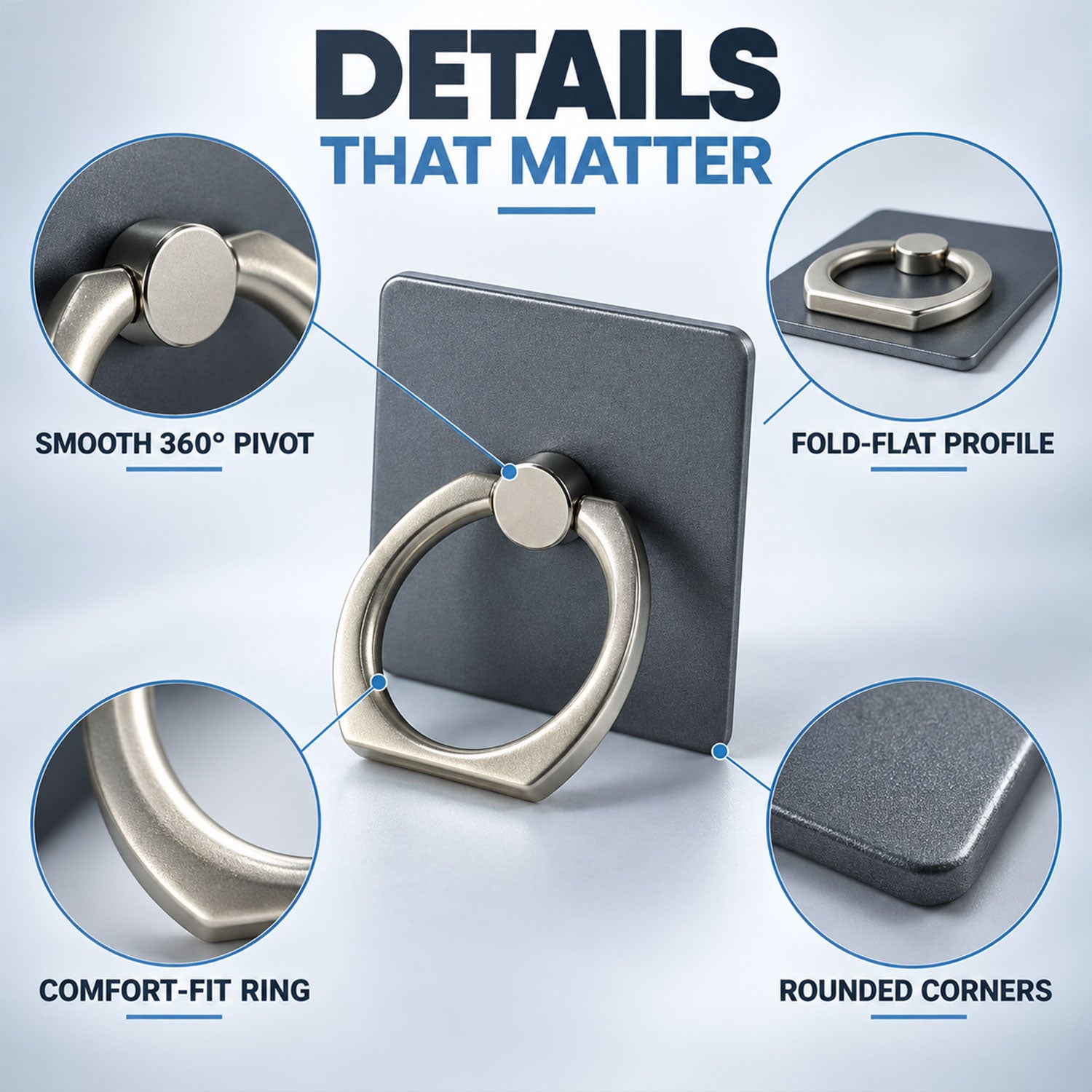 A complete set of the gray phone ring holder and a black adhesive car mount are displayed on a gray pedestal.