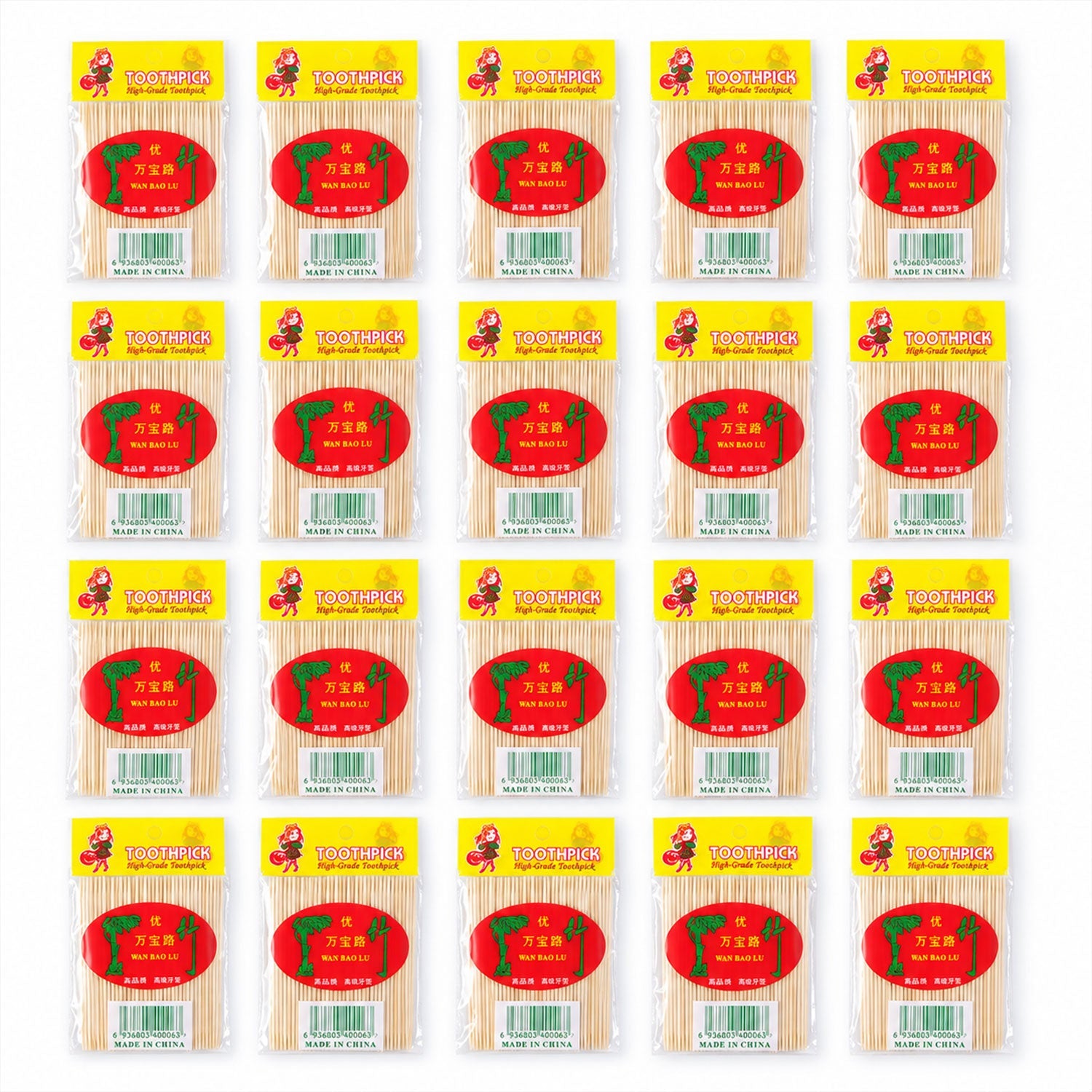 Twenty wooden toothpick packets on white background