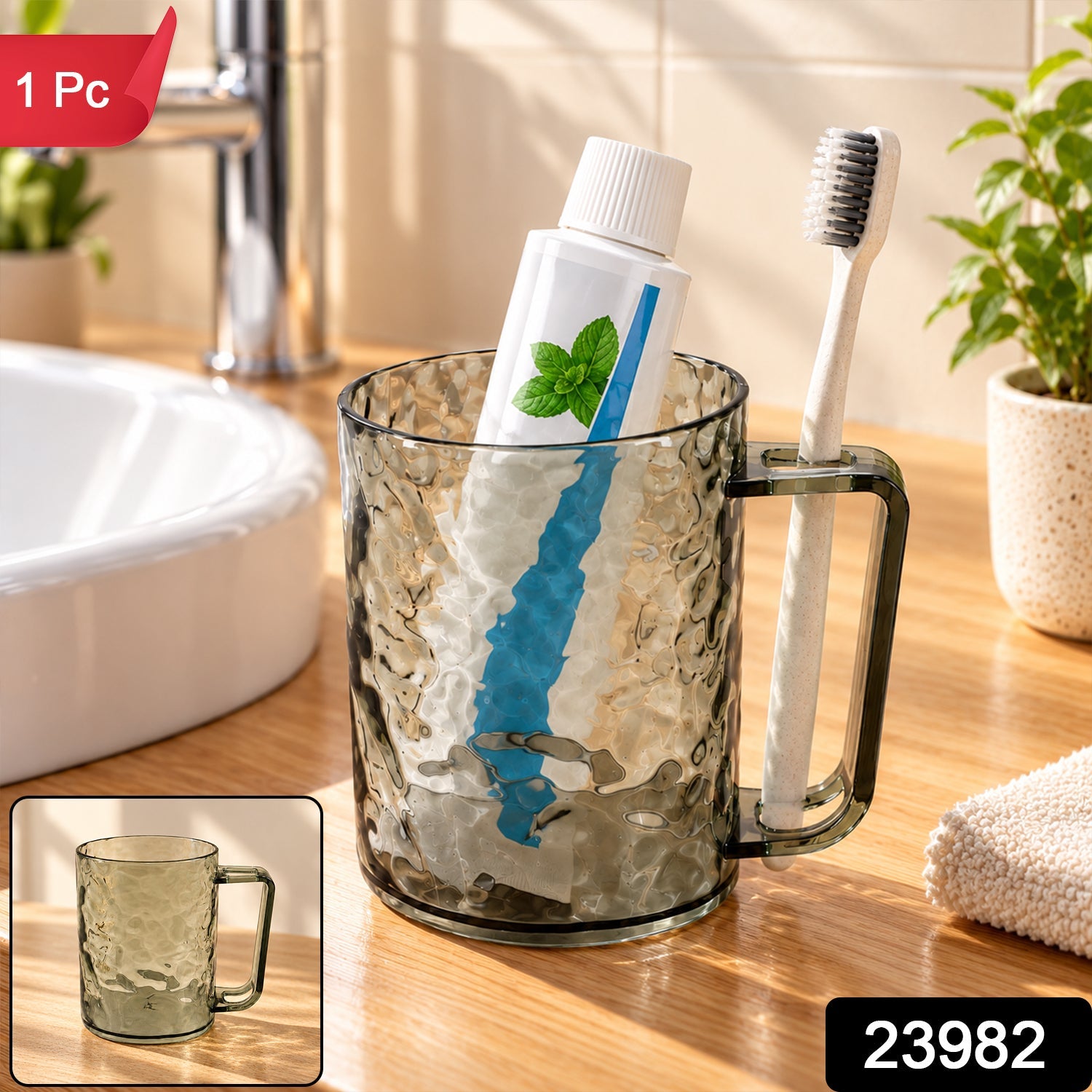 Dark grey textured plastic mug with toothpaste and toothbrush, a small inset image shows the mug alone.