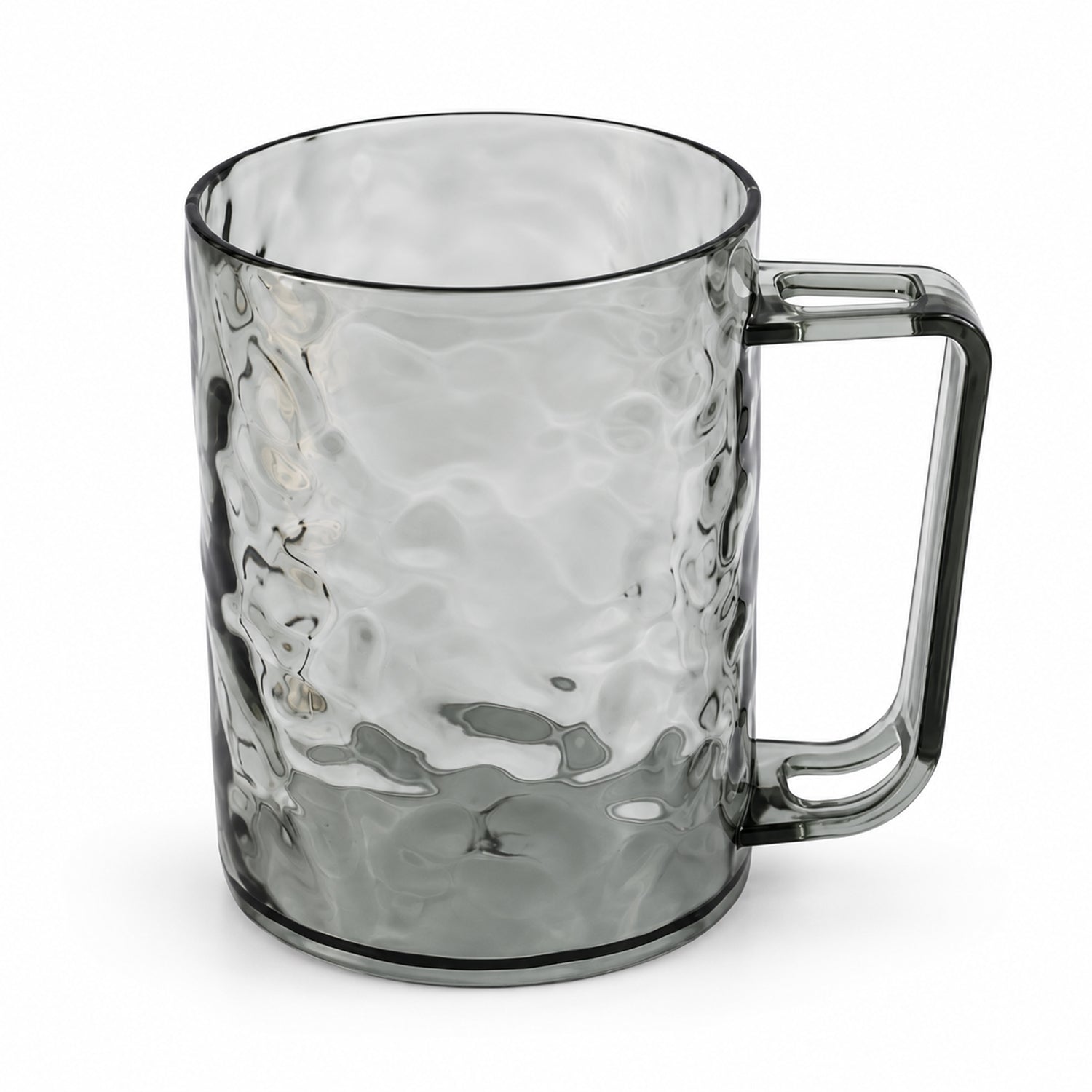 A single dark grey textured plastic mug with a handle, isolated on a white background.