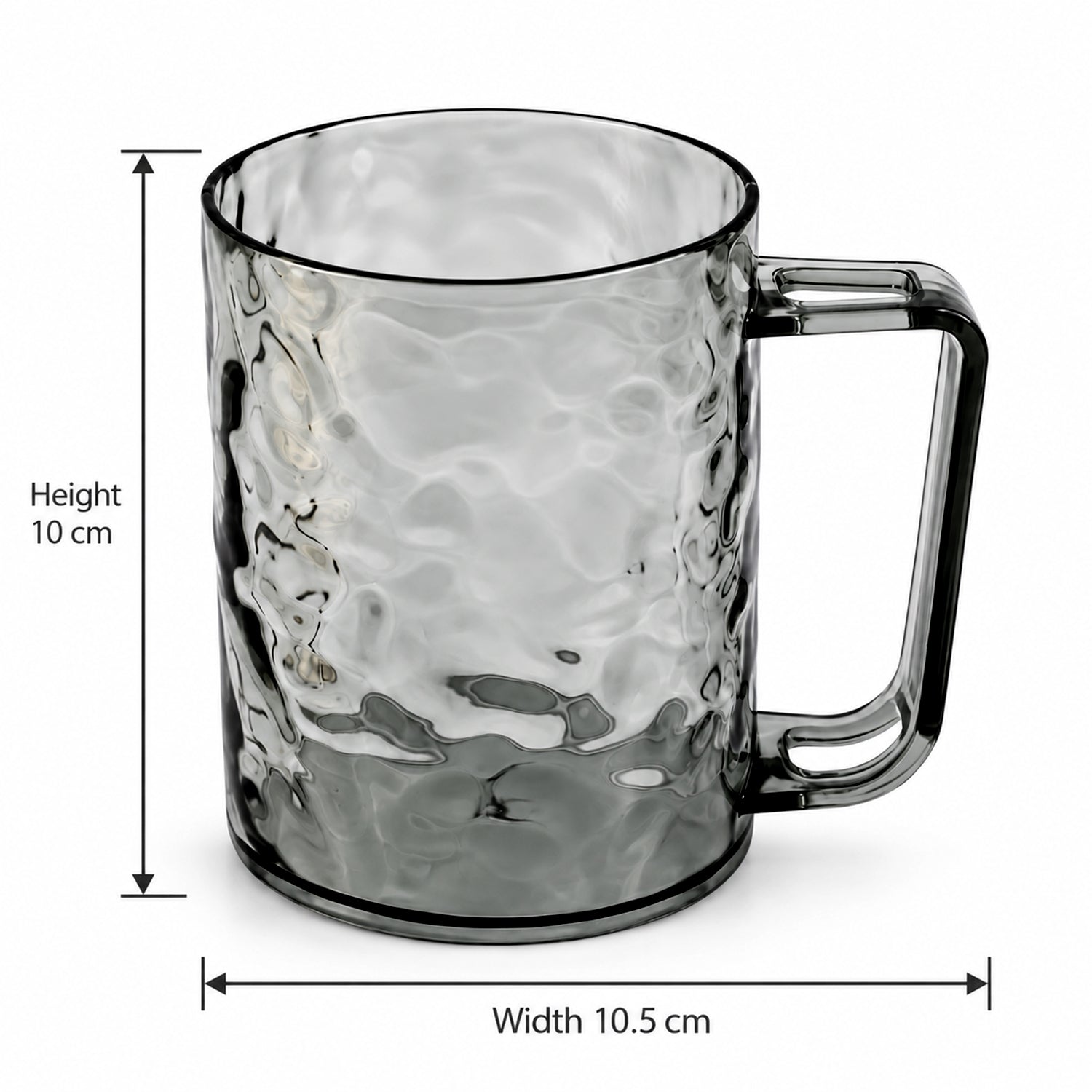 A dark grey textured plastic mug with a handle, showing height 10 cm and width 10.5 cm measurements.