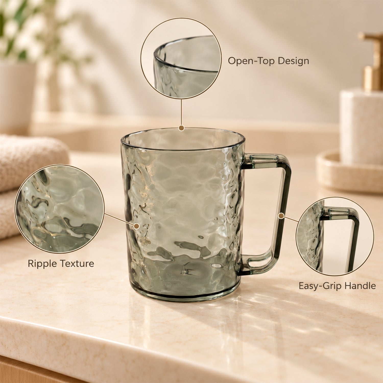 A dark grey textured plastic mug on a counter with magnified insets highlighting its open top, ripple texture, and easy-grip