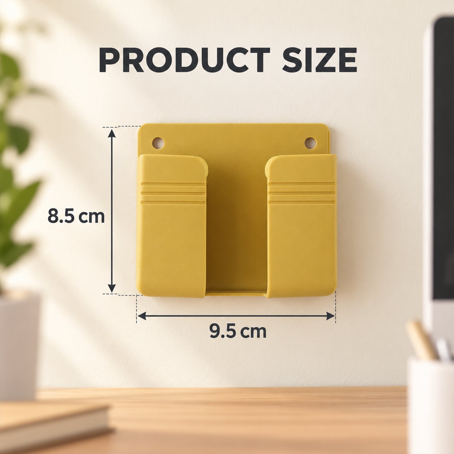 A yellow wall-mounted phone holder with dimensions 8.5 cm height and 9.5 cm width displayed.
