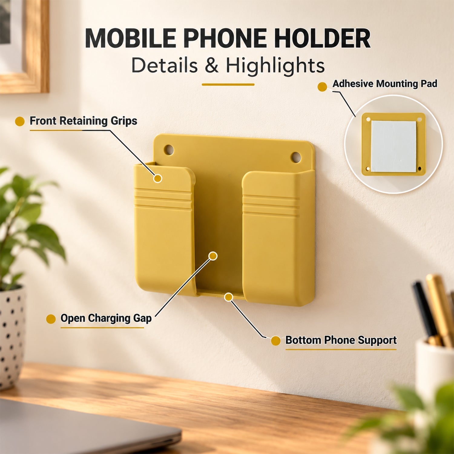 An infographic highlighting features of a yellow phone holder: retaining grips, charging gap, support, and adhesive.