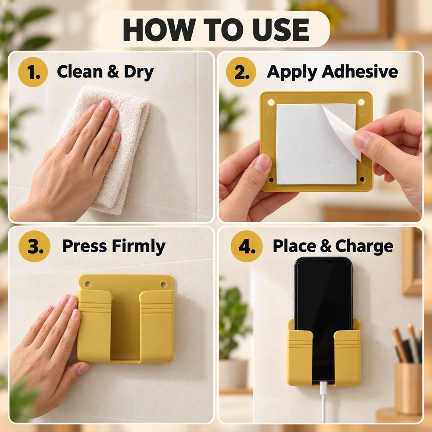 A four-panel graphic showing how to use the phone holder: clean, apply adhesive, press, and place phone.