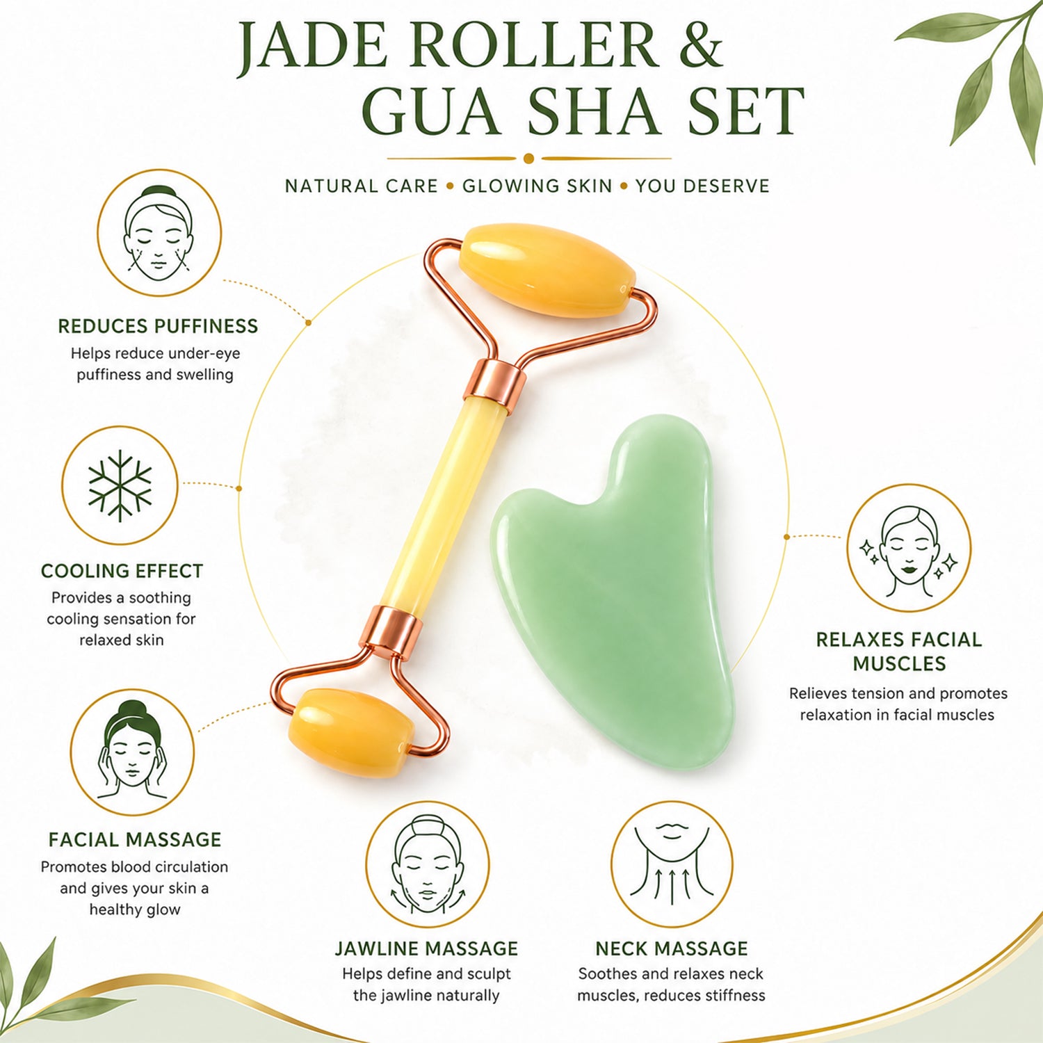An infographic displays a yellow facial roller and green gua sha tool, detailing their benefits like reducing puffiness.