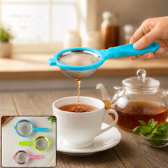 Mesh tea filter strainer pouring tea into cup