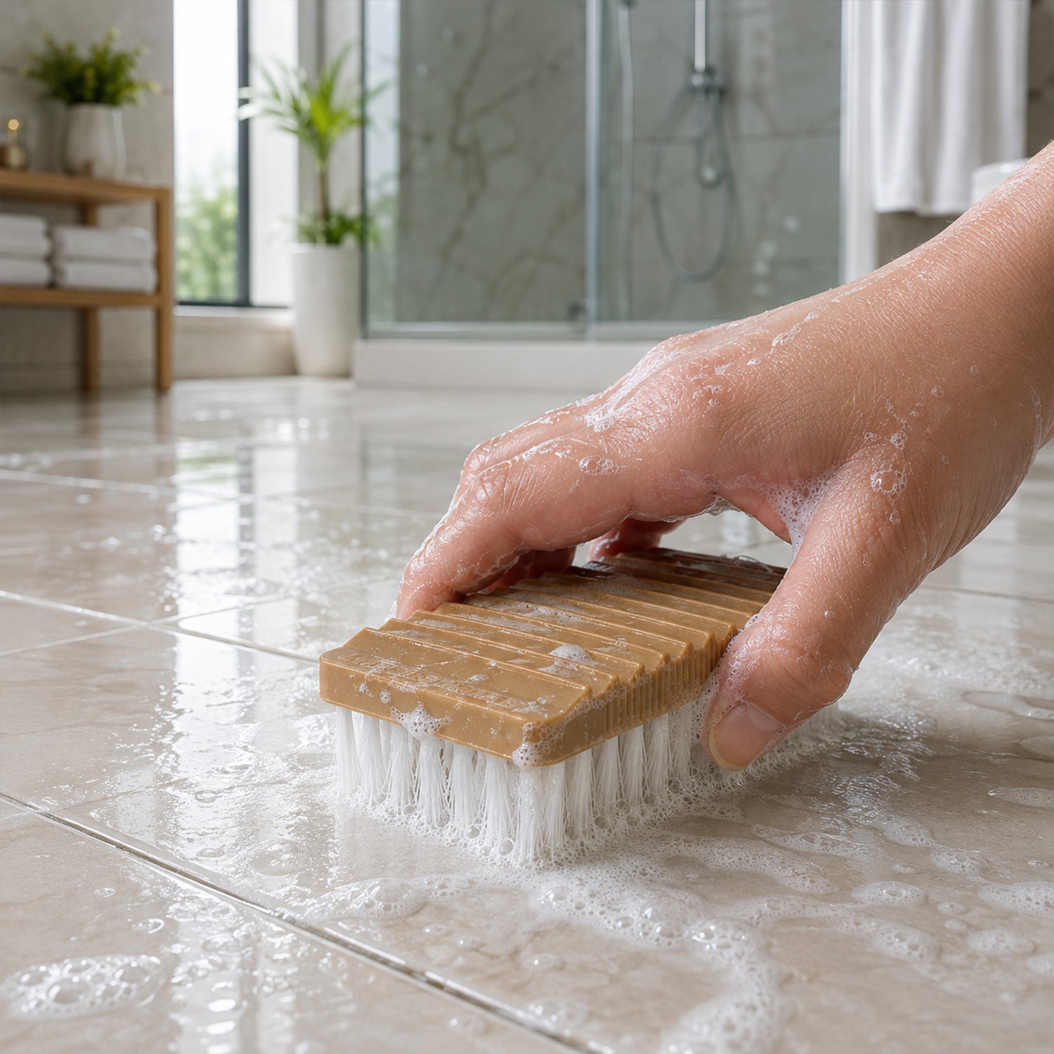 Brush cleaning a bathroom surface