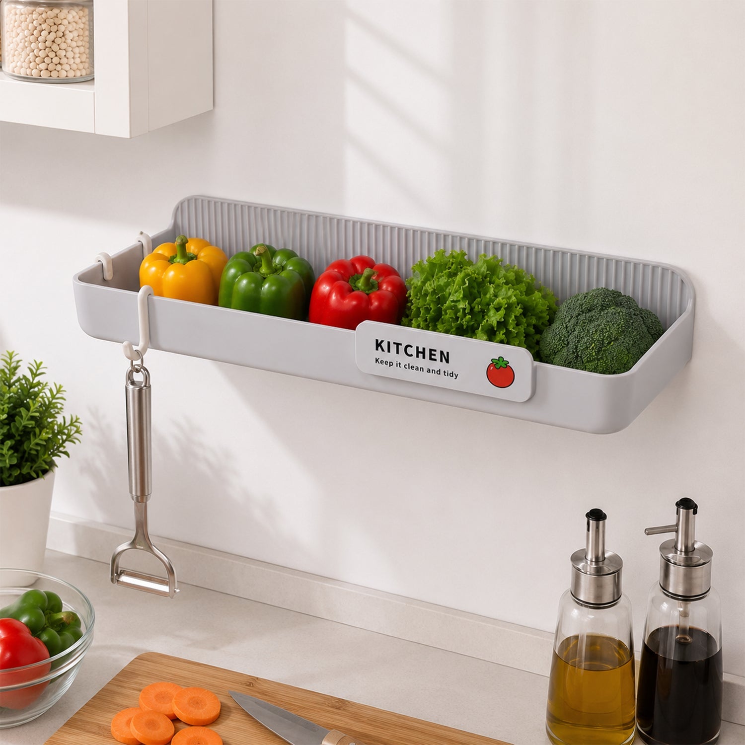 Storage shelf holding kitchen items