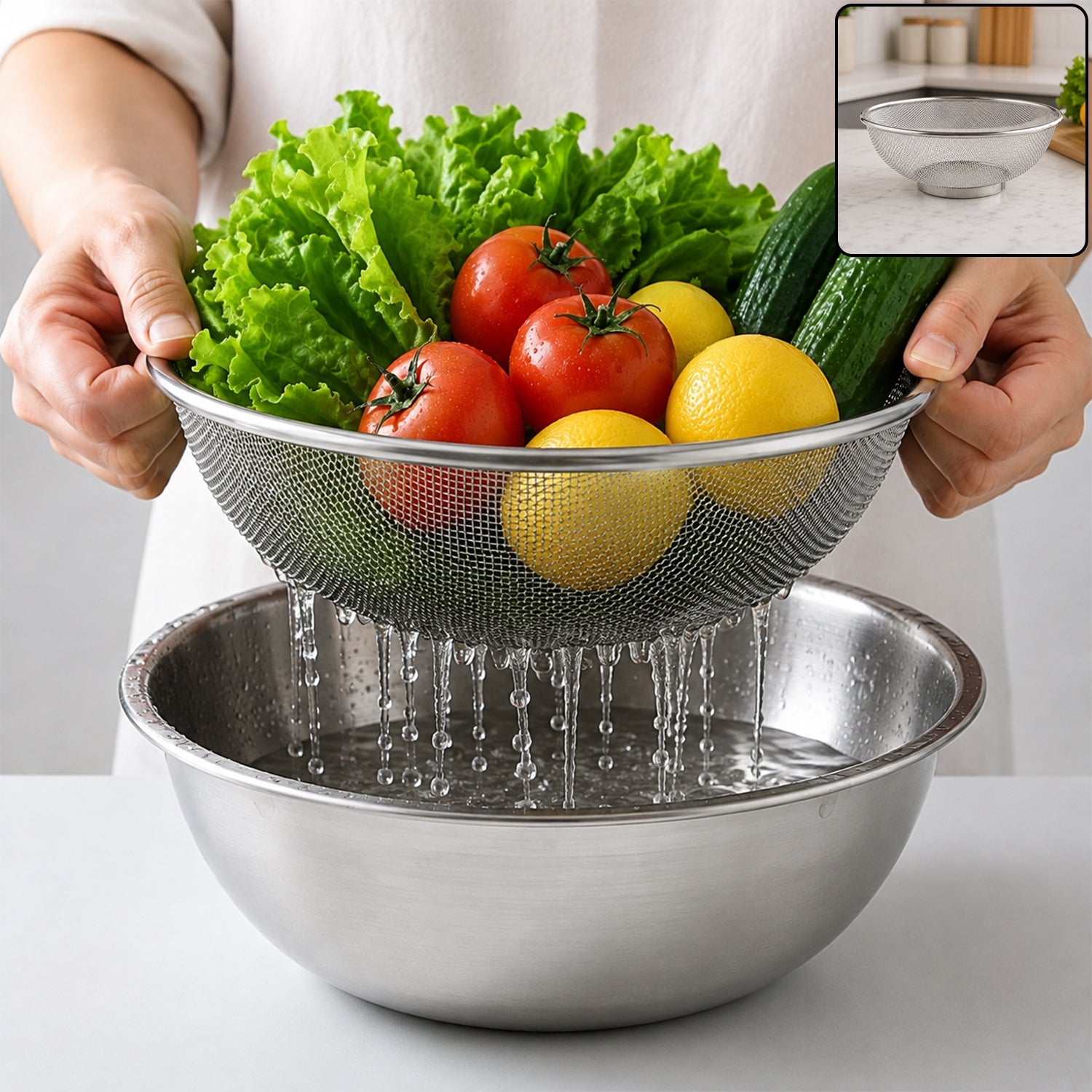 Hands hold a stainless steel mesh strainer full of fresh vegetables and lemons over a steel bowl of water