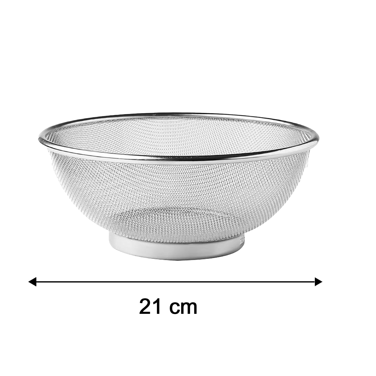 A silver stainless steel mesh strainer bowl with a solid base, showing a 21 cm width measurement.