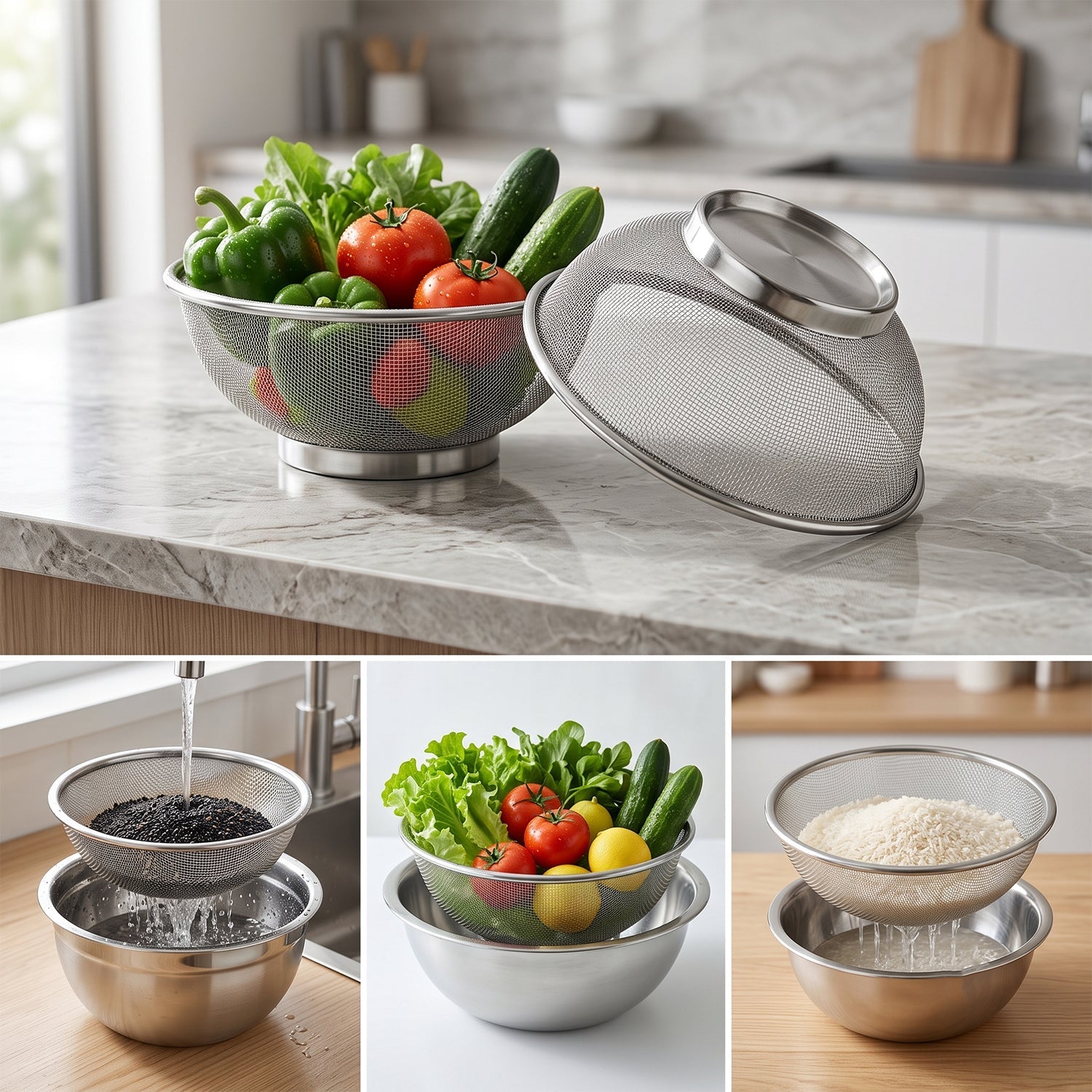 A collage of four images showing the stainless steel mesh strainer in use and as a standalone item.