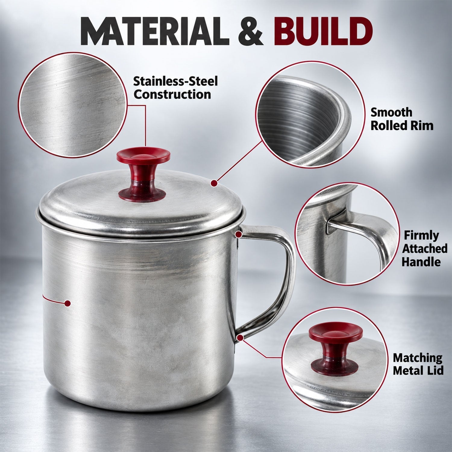 Stainless steel tea coffee mug with lid - material details