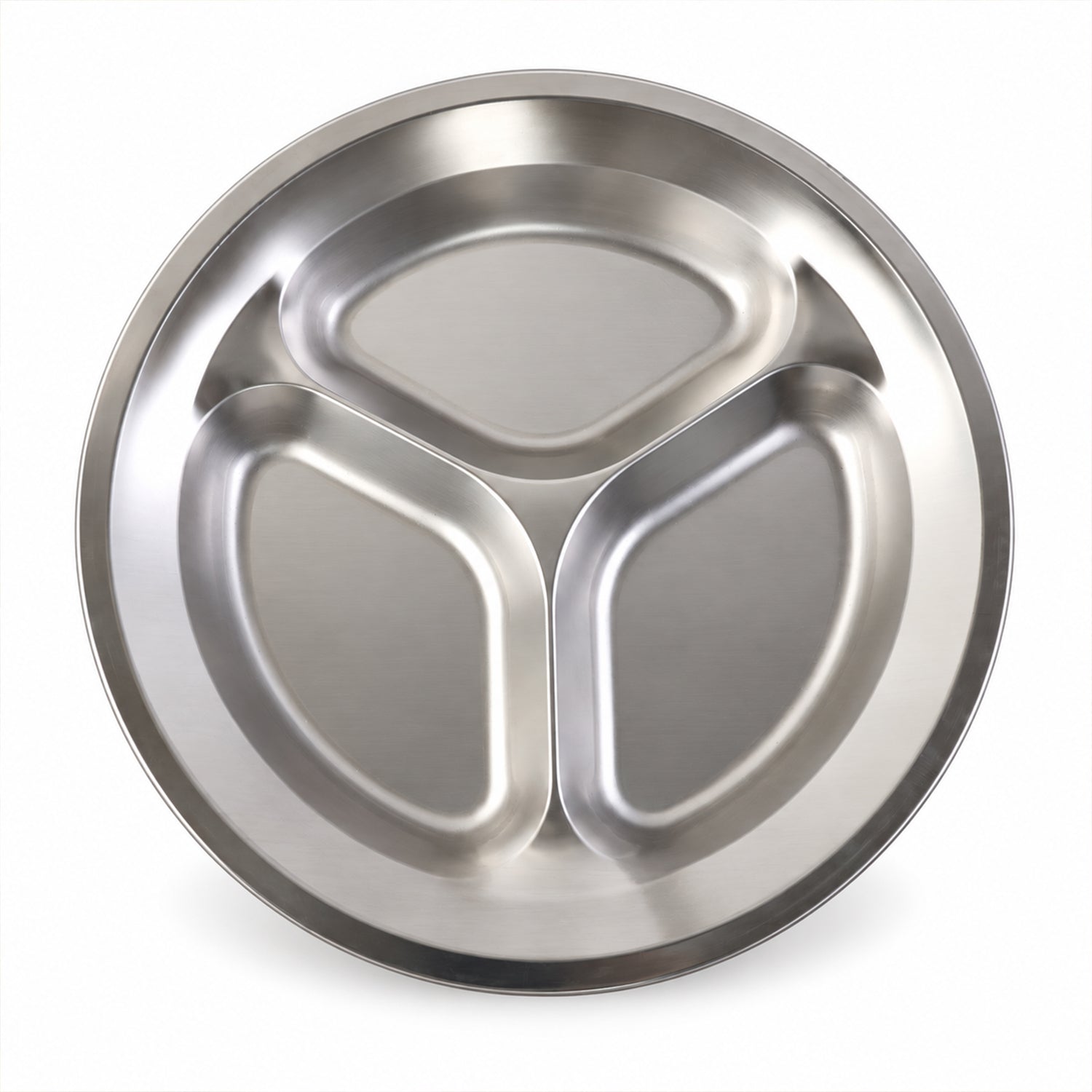 Stainless steel three compartment plate - white background