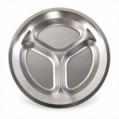 Stainless steel three compartment plate - white background