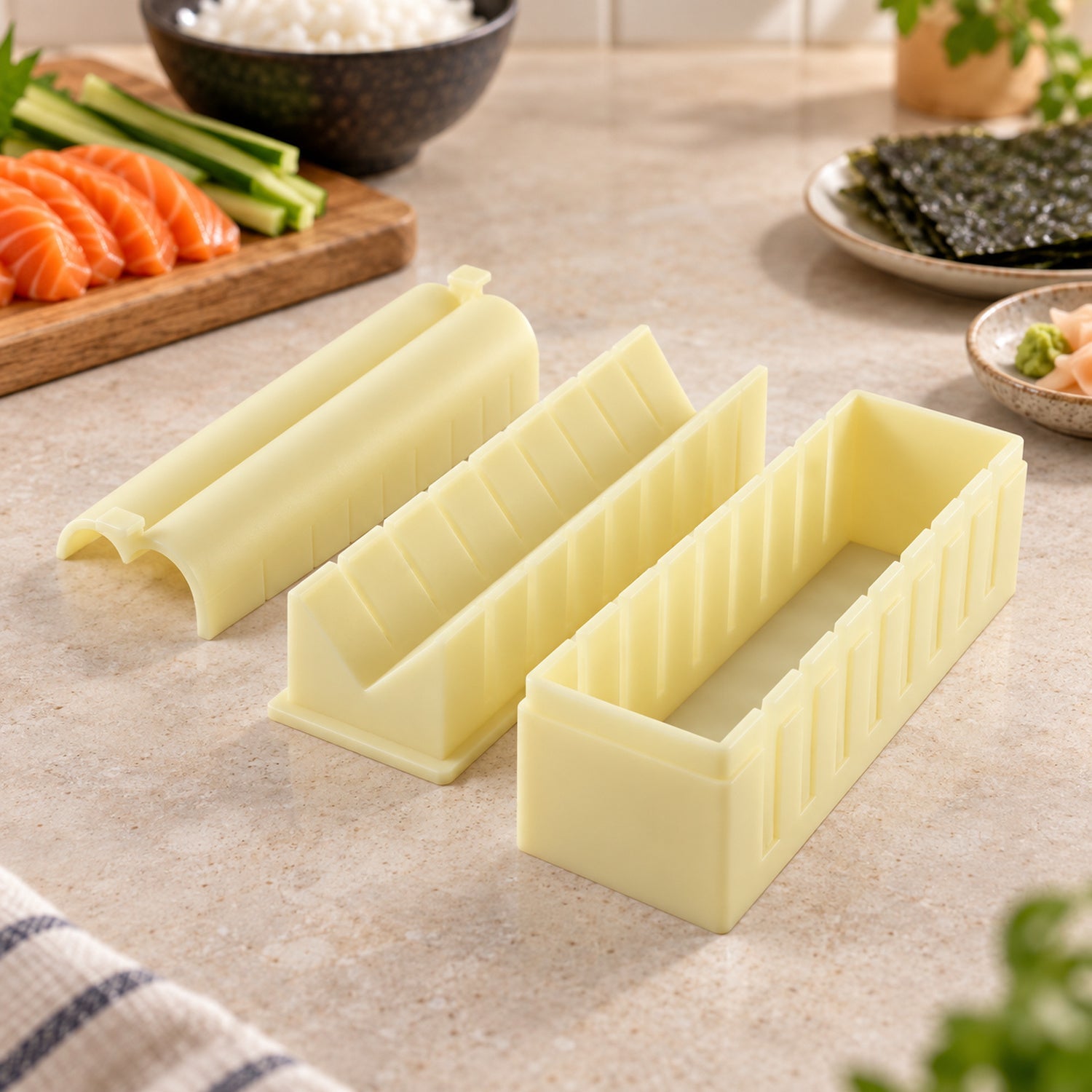 A three-piece light yellow plastic sushi maker set on a light countertop, with ingredients in the background.