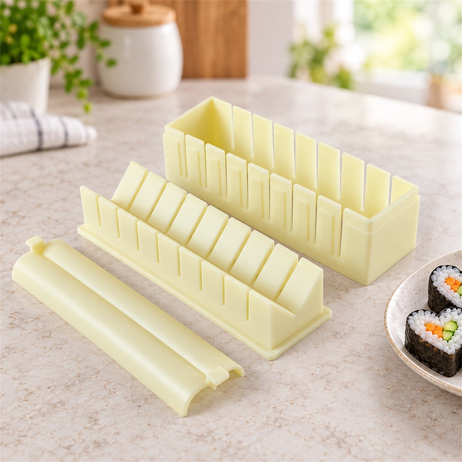 The three light yellow plastic sushi maker components are laid out on a light speckled countertop next to two sushi pieces.