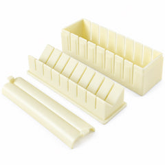 The three components of the light yellow plastic sushi maker are displayed separately on a white surface.