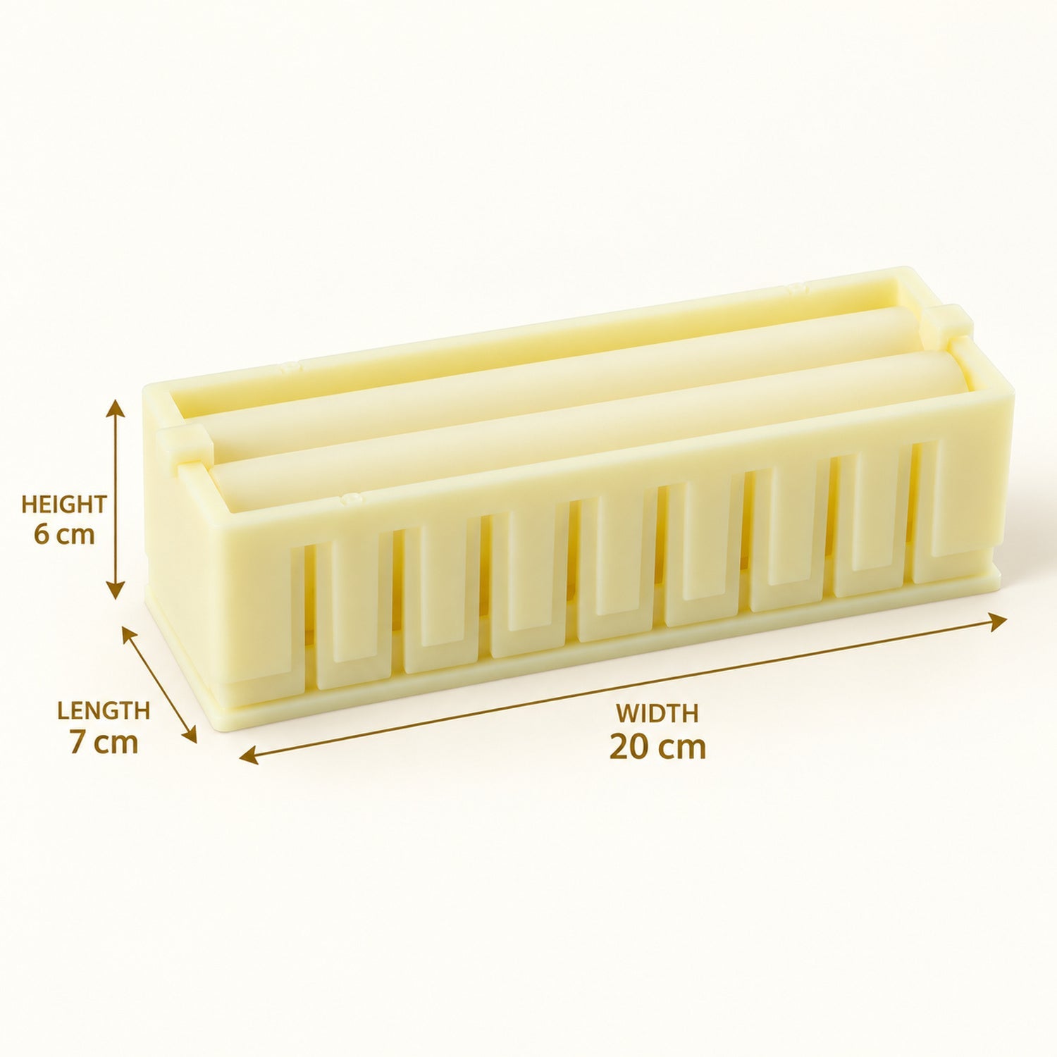 A light yellow plastic sushi maker with length, width, and height dimensions labeled in centimeters.
