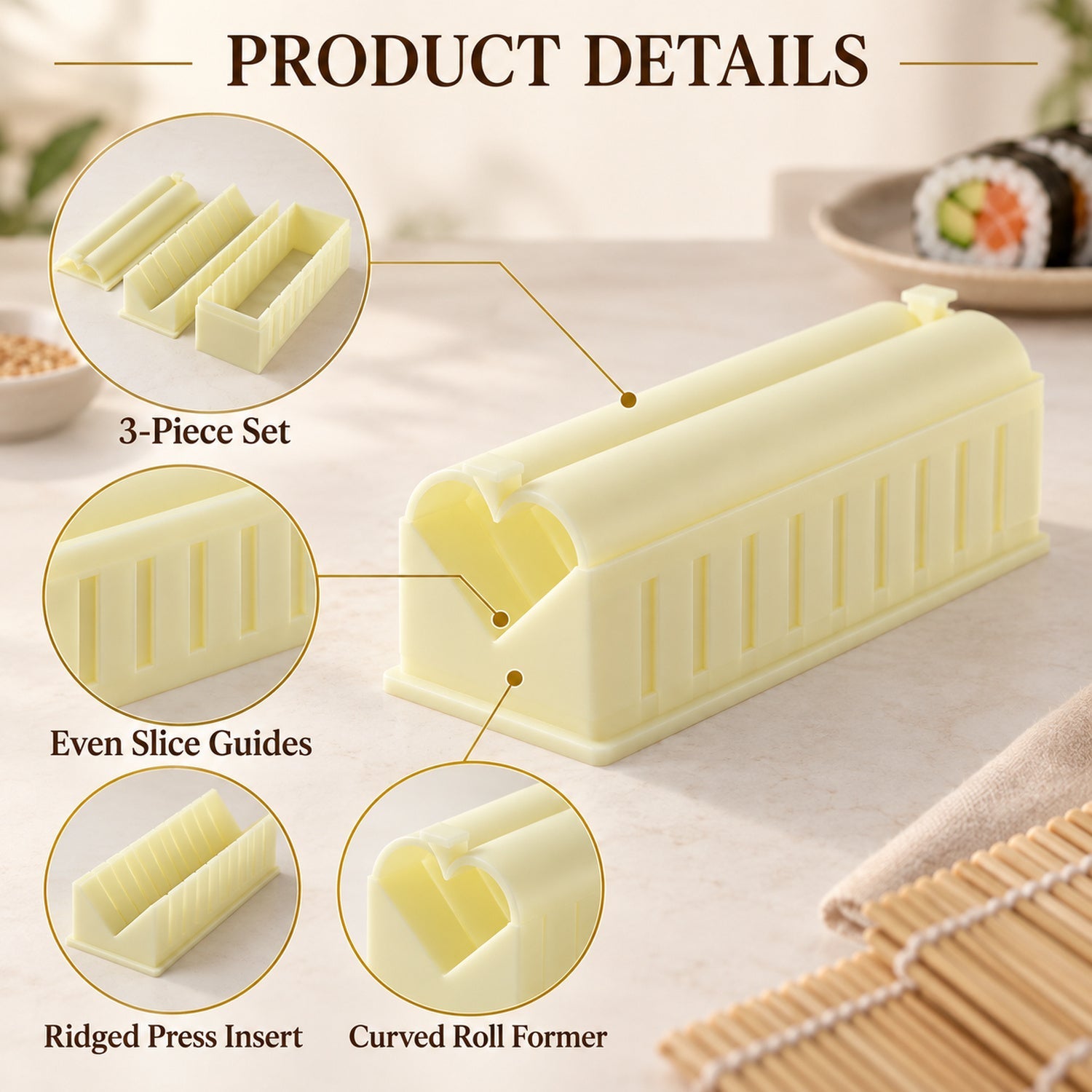 A diagram showcasing the three pieces of the light yellow sushi maker, highlighting the roll former and slice guides.