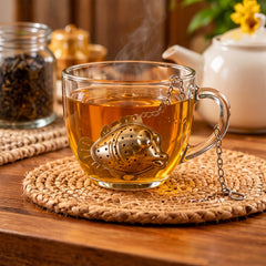 A steaming glass mug of amber tea with a silver fish-shaped infuser submerged, resting on a woven mat.